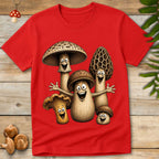 A group of five smiling cartoon mushrooms, including a morel, chanterelle, and woodland mushrooms, standing together with happy expressions in a whimsical forest-inspired illustration.