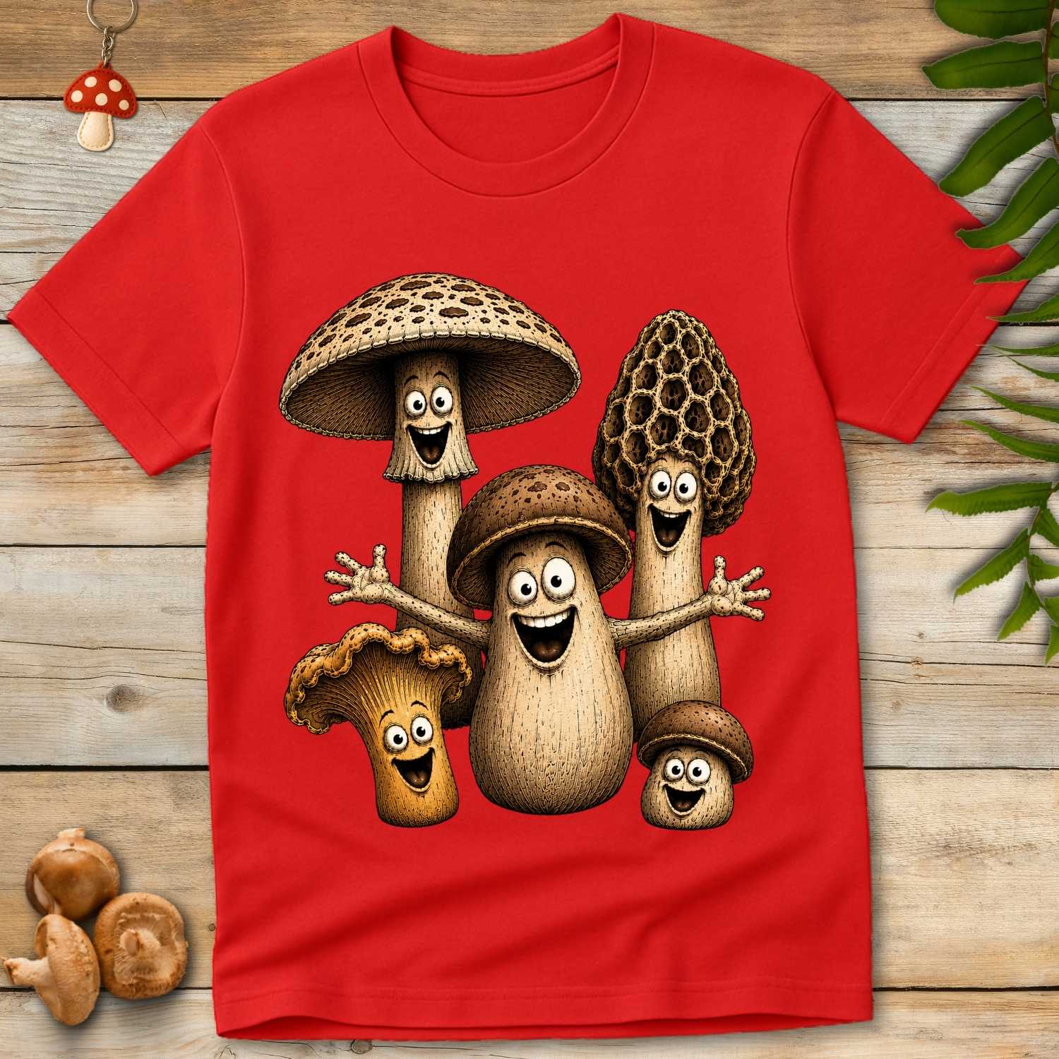 A group of five smiling cartoon mushrooms, including a morel, chanterelle, and woodland mushrooms, standing together with happy expressions in a whimsical forest-inspired illustration.
