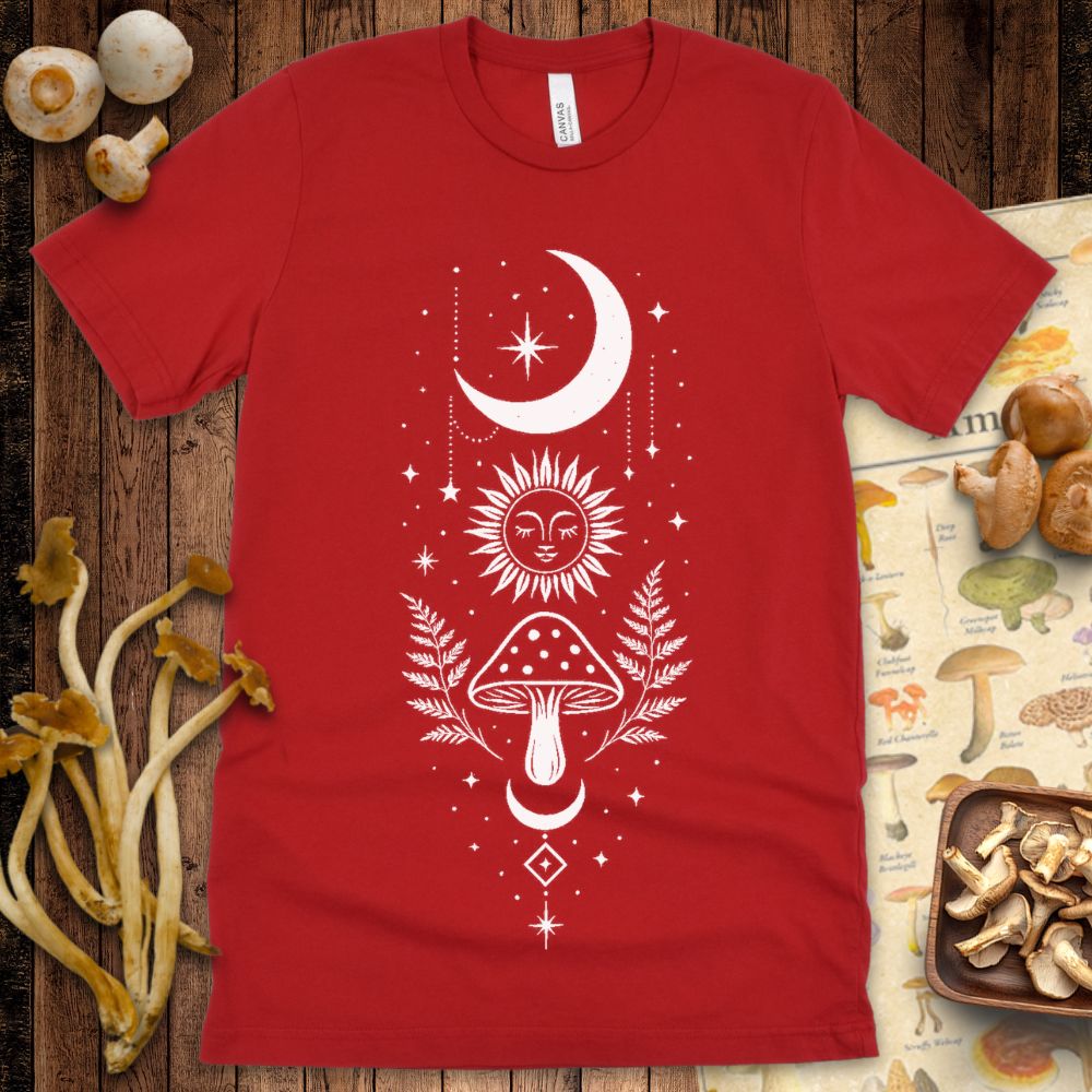 Vertical design featuring a crescent moon, radiant sun, and a central mushroom surrounded by ferns and sacred geometry in a delicate, nature-inspired line art.
